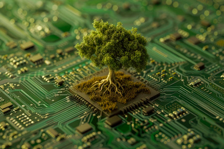 Miniature tree growing on computer mother board. Green technology, green IT and IT ethics concept. AI generatedの素材