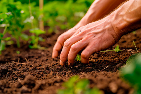 Male gardener working at garden.  Ecology and gardening concept. AI generatedの素材