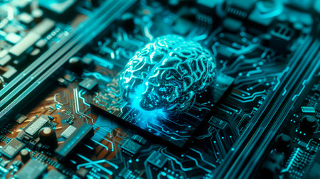 Artificial intelligence hardware concept. Glowing blue brain on computer motherboard. Big data processing,  machine learning, technology. AI generatedの素材