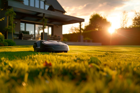 Autonomous electric lawn mower mows grass in the yard of a private house. AI generatedの素材