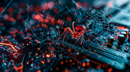 Spider spins its web on the computer circuit board. Malware or spyware attacks concept. AI generatedの素材