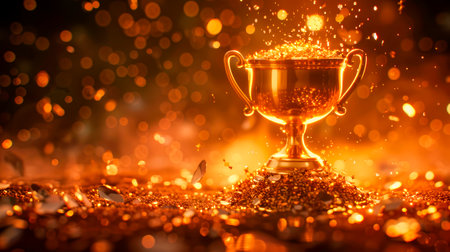 Champion award golden cup with abstract shiny bokeh background. Concept of success and achievement. AI generatedの素材