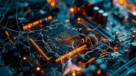 Spider spins its web on the computer circuit board. Malware or spyware attacks concept. AI generatedの素材