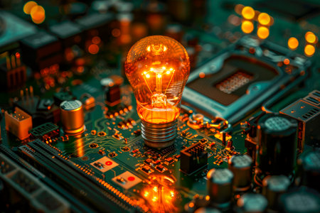 Glowing light bulb on a background of computer digital circuit board. Innovation concept. AI generatedの素材