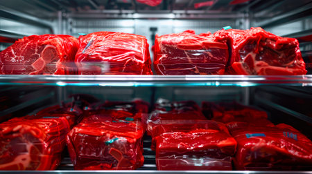 Big pieces of red raw meat in a large modern refrigeration cabinet. Meat industry concept.  AI generatedの素材