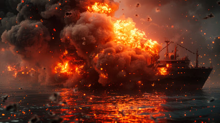 Fire on a ship on the high seas. A ship carrying goods is engulfed in flames.  AI generatedの素材