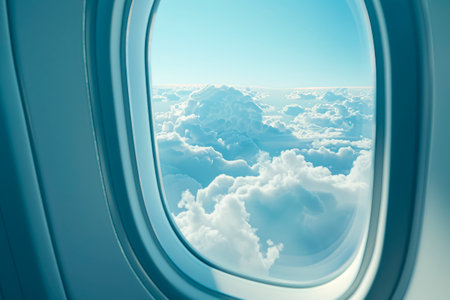 Aircraft window, blue sky and white clouds outside the window. Looking through the airplane window. AI generatedの素材