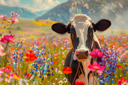 A black and white cow in a field of colorful wildflowers, mountain landscape in background. AI generatedの素材
