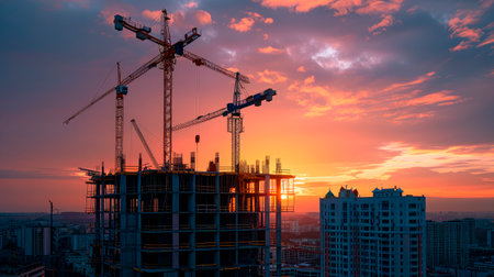 Silhouettes of houses under construction and tower cranes over amazing sunset sky. AI generatedの素材