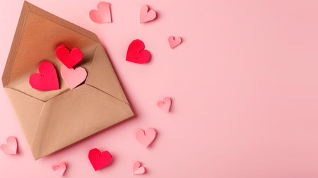 Love letter concept. Paper craft envelope and hearts on a pink pastel background. AI generatedの素材