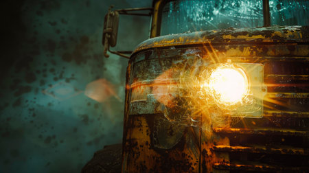 Close up view of a headlight of an old pick up truck. AI generatedの素材