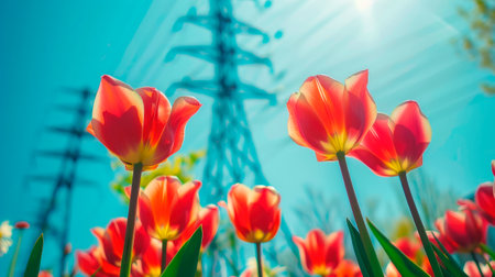 High-voltage power lines in the field with tulips. AI generatedの素材