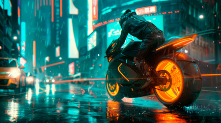 Electric motorbike on the modern night city street, glow effects. Futuristic high speed racing motorcycle scene. AI generatedの素材