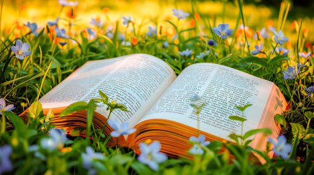 An open book with the blooming flowers on the summer lawn. Reading is a useful hobby. AI generatedの素材