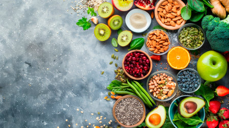Vegetarian, vegan food cooking ingredients. Flat-lay of vegetables, fruit, beans, cereals. Clean eating food. AI generatedの素材
