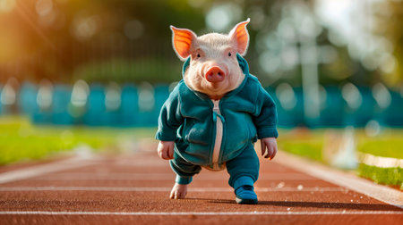 A pig wearing a sports track suit and one sport shoe, stands on the stadium jogging track, healthy lifestyle concept. AI generatedの素材