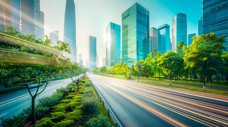 View of eco friendly city with glass buildings and green trees. AI generatedの素材
