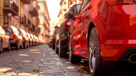 A line of cars parked on a city street, low angle view. AI generatedの素材