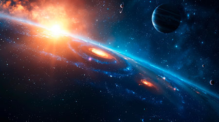 Universe with suns, planets, stars and Milky Ways projection, dark blue light. AI generatedの素材