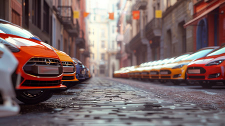 Row of different cars parked in a crowded city. AI generatedの素材