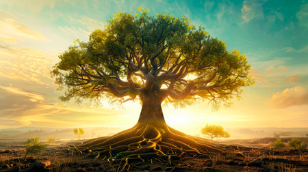 Mangrove tree with big roots system as tropical plant outline concept.International day for the conservation of the mangrove ecosystem concept. AI generatedの素材