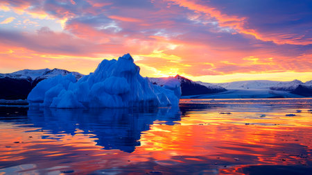 Beautiful iceberg reflecting in the water at sunset. AI generatedの素材