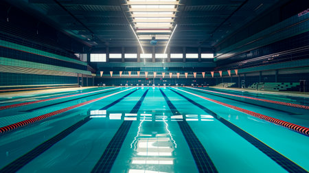 Swimming pool interior. Indoors swimming pool with blue water. Swimming pool for training. AI generatedの素材