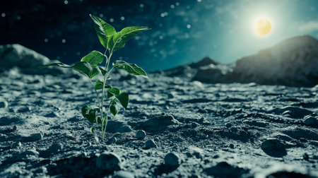 A plant is sprouting on deserted Moon surface. Colonization of the Moon, growing plant on the lunar surface. AI generatedの素材