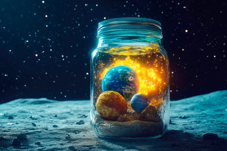 The jar containing planets and stars is placed on Moon surface. Galaxy in a jar. AI generatedの素材