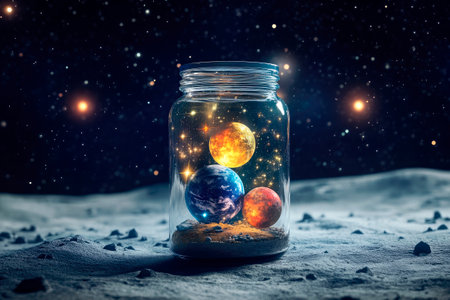 The jar containing planets and stars is placed on Moon surface. Galaxy in a jar. AI generatedの素材