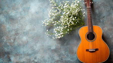 Wild flowers and classical guitar on a stone background. Copy space. AI generatedの素材