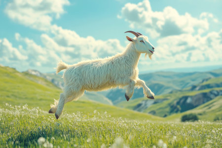 A happy goat jumping on a beautiful pasture at green hills. AI generatedの素材