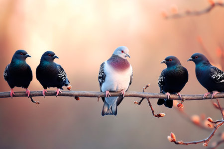 Homing pigeons, also known as postal pigeons sitting on a tree branch. AI generatedの素材