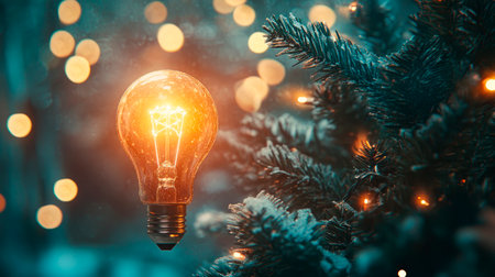 A glowing light bulb on a Christmas tree with Christmas lights bokeh. Electricity energy efficient and Holidays. AI generatedの素材