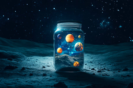 The glass jar containing planets and stars is placed on Moon surface. AI generatedの素材