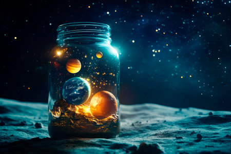 The glass jar containing planets and stars is placed on Moon surface with a stars in a space. AI generatedの素材