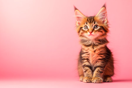 Portrait of cute kitten sitting on a pink background. Free space for text. AI generatedの素材