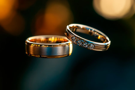 Two wedding bands flying through the air. Golden Wedding Rings for Couple, close-up view. AI generatedの素材