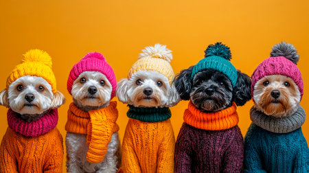 Group of  puppies dressed in winter warm clothing, sitting together on a yellow background. AI generatedの素材