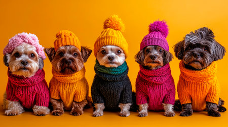 Group of cute puppies dressed in winter warm clothing, sitting together on a yellow background. AI generatedの素材