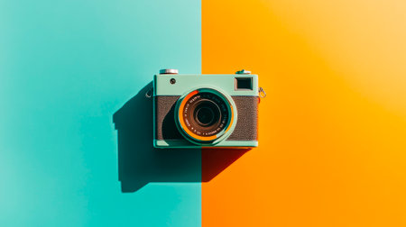 A small photo camera on a colored background. Top view. AI generatedの素材