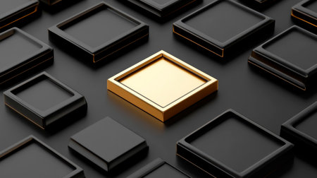 Abstract geometric background, many black squares with a one golden square. AI generatedの素材
