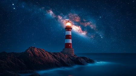 A lighthouse with red and white stripes stands tall against the background of a night sky filled with countless stars. AI generatedの素材