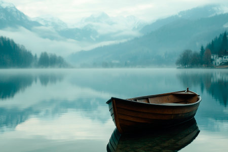 Wooden boat on the calm lake at morning fog. AI generatedの素材