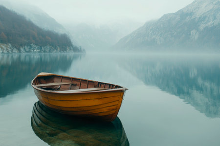 Wooden rowboat on the calm lake at morning fog. AI generatedの素材