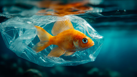 A tropical fish inside a plastic bag floating in water, highlighting the issue of marine pollution. Concept for responsible waste management and conservation efforts. AI generatedの素材