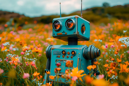 A retro robot with a boxy metal body walking on a summer meadow. Concept for nostalgia and creativity. AI generatedの素材