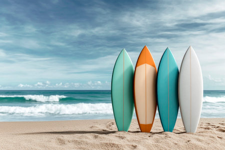 Serene beach scene with surfboards standing in sand. AI generatedの素材
