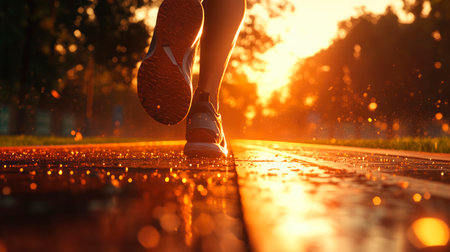 Close-up view legs of runner running on sunrise. AI generatedの素材