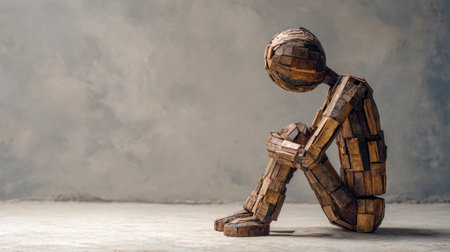 A lonely wooden human figure sits in a pose of despair. Copy-space. AI generatedの素材